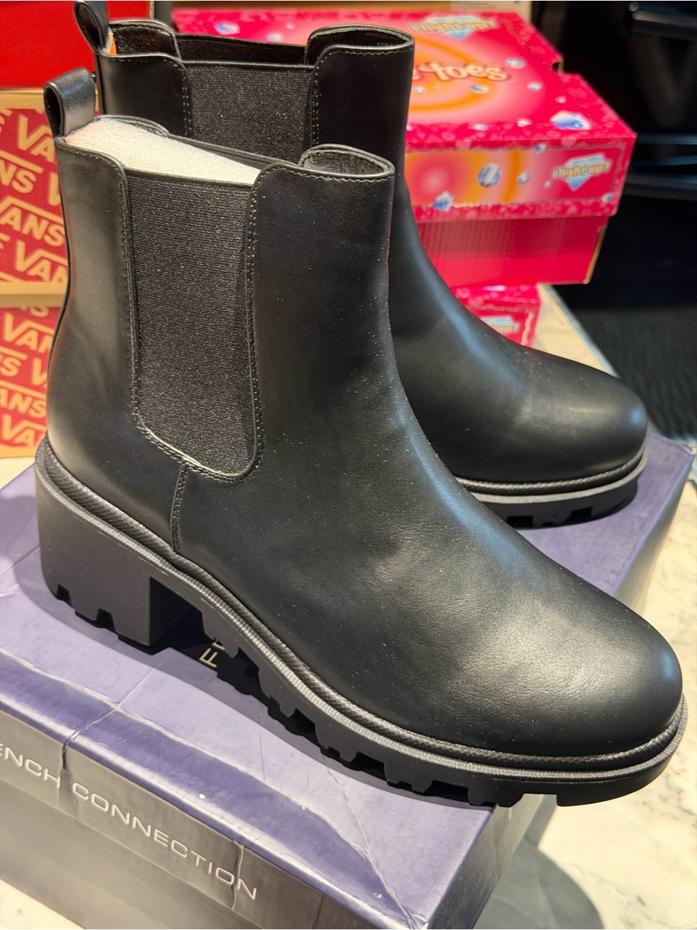 French Connection Black Chunky Chelsea Lug Booties